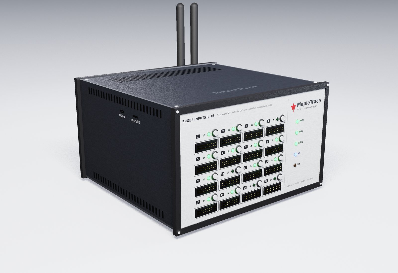 Enregistreur routier MT-16, vue de face avec seize ports de capteurs et antennes.